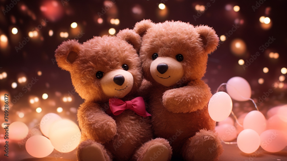 Hyper realistic two super cute teddy bears hugging, papercut hearts, confetti created with Generative Ai Hyper realistic two super cute teddy bears hugging, papercut hearts, confetti created with Generative Ai