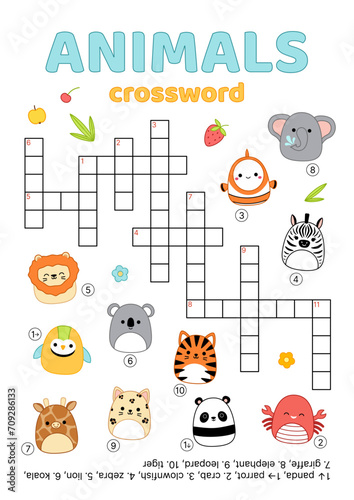 Crossword with animals. English words. Educational puzzle game for kids. Cartoon, vector