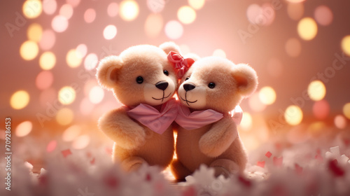 Hyper realistic two super cute teddy bears hugging, papercut hearts, confetti created with Generative Ai © Andrii Yablonskyi