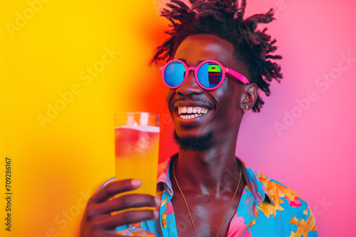 Young black man relaxing on the beach a cocktail in a glass. Handsome man happily drinking juice, smiling on a yellow background