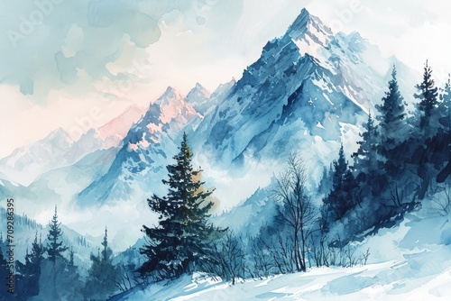 Watercolor winter mountain with pine forest illustration background