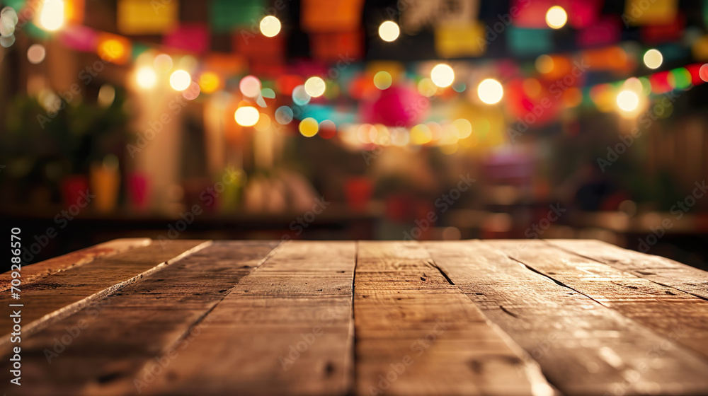 Empty light colored wooden table, Mexican party background, bokeh lights and paper decorations Empty light colored wooden table, Mexican party background, bokeh lights and paper decorations