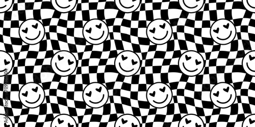 Funny happy face in love cartoon seamless pattern. Retro psychedelic smile icon background texture for valentine's day or romantic concept. Trendy checkered doodle wallpaper.