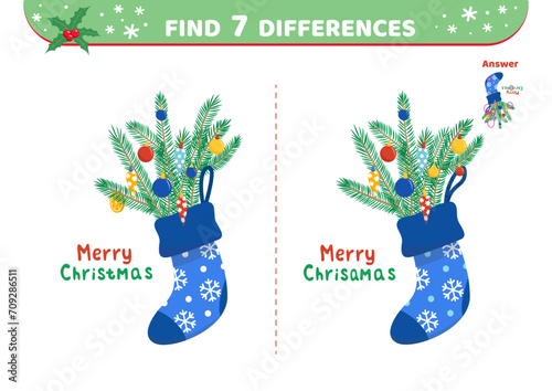 Christmas sock with fir tree branches. Find 7 differences. Game. Flat, cartoon, vector