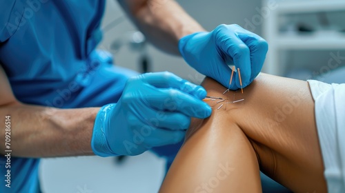 A healthcare professional wearing blue gloves is performing an acupuncture treatment on a patient s knee  which has several marked incision lines  indicating a medical or therapeutic procedure