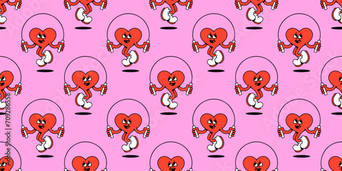 Funny vintage red love heart cartoon character seamless pattern. Retro romantic valentine's day mascot background. Cute cupid jump rope wallpaper print texture.