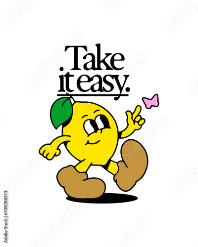 Vintage lemon fruit cartoon character illustration. Trendy retro food mascot typography poster. Groovy motivation quote print drawing in 70s comic art style.