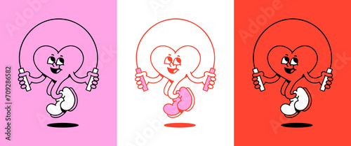 Vintage red love heart cartoon character illustration. Trendy retro romantic mascot jumping rope. Funny groovy 70s comic style poster print set.