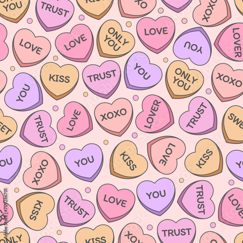 Seamless pattern with sweet heart candy. Set of conversation sweets for valentine’s day. © Yello illustration