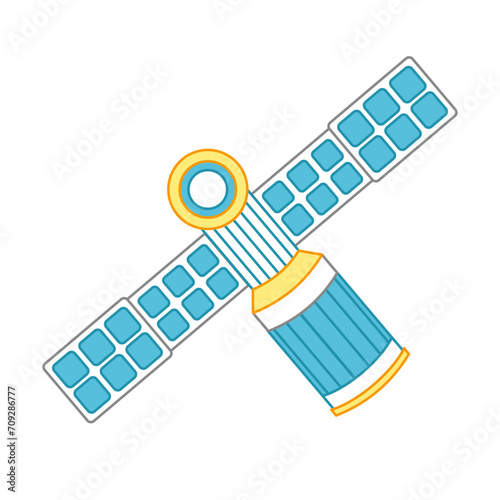 Blue yellow satellite. Satellite with wings. Cartoon, vector