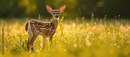 Whitetailed deer fawn in a field during summer. photo