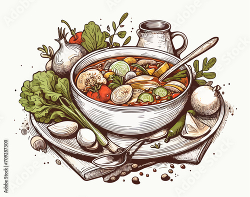 vegetable soup with mushrooms on a plate. Graphics vector graphics.