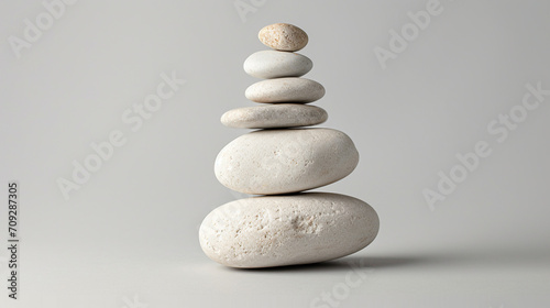 Pebble stone stack on light gray background. 