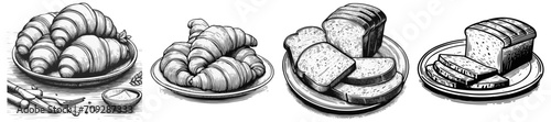 A set of drawings as icons. bread and croissants are on the plate. Graphics vector graphics.