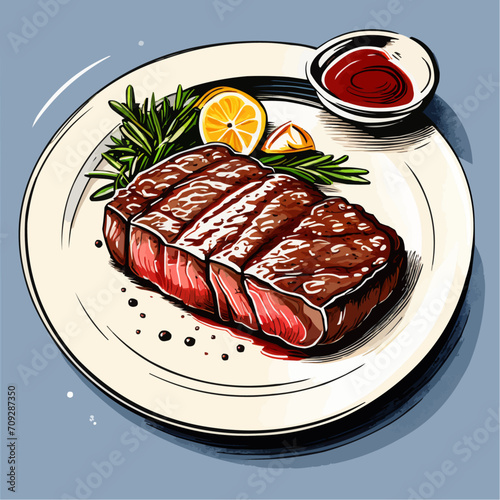 The beef steak is on the plate. Graphics vector graphics.