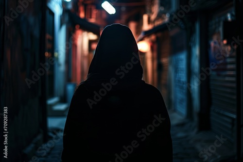 a person in a hoodie walking down a alley photo
