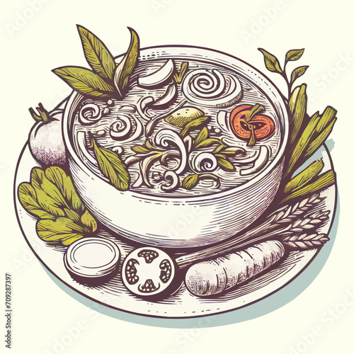 the soup is poured in a plate. Graphics vector graphics.