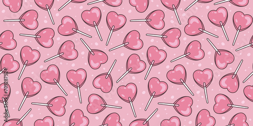 Sweet candy. Background with  pink heart shaped lollipop. Background for Valentine’s Day and romantic holidays. © Yello illustration