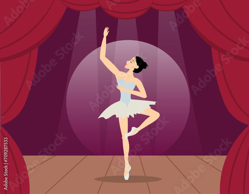 Beauty of classic ballet. The ballerina dances beautifully in the spotlight. A classical dancer performs on stage. Ballerina dancing in pointe shoes.
