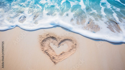 heart drawn on the sandy shore of the sea ocean Ai generative