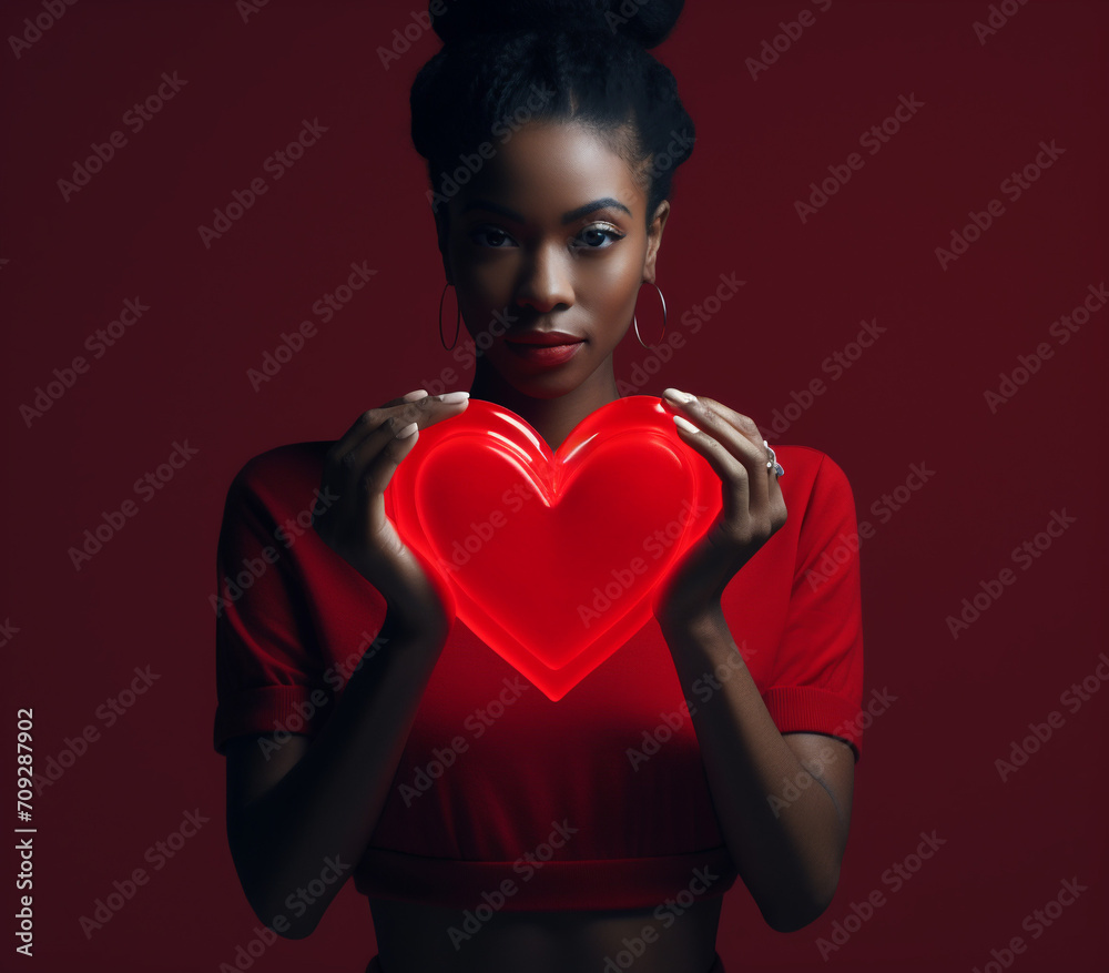 African Woman Holding a Heart on a dark background African Woman Holding a Heart on a dark background