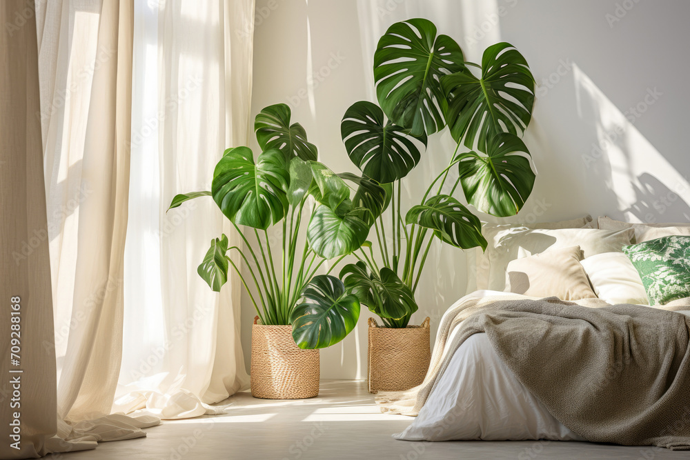 Cozy bright bedroom with indoor plants.Home interior design.Biophilia design,urban jungle concept