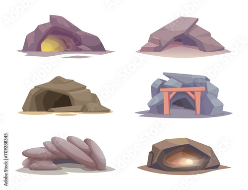 Cave. Mountain entrance rock ancient ground exact vector cave in cartoon style