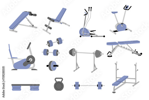 Fitness equipment. Gym machines for sports people athlete tools for physical exercises activities recent vector templates