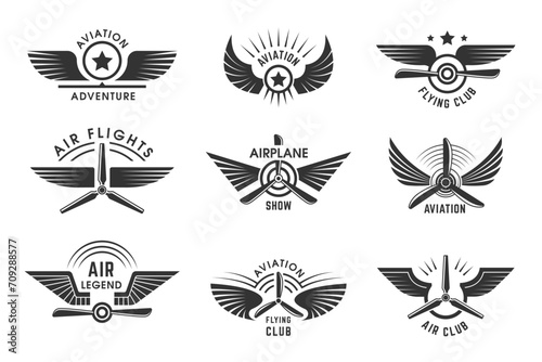 Avia badges. Pilot logotypes with stylized wings and place for personal text recent vector template