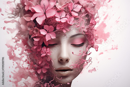 Illustration of a woman with pastel pink flowers in her hair. Connection with nature or natural beauty concept.