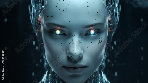 Gesicht von Android / Künstliche Intelligenz / Roboter. Mit glühenden Augen. Oberfläche beschädigt. Frontal. Kühle fokussierte Stimmung. Closeup. Illustration photo