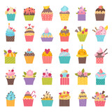 Muffins. Birthday cupcakes pastry recent vector stylized decorative illustrations