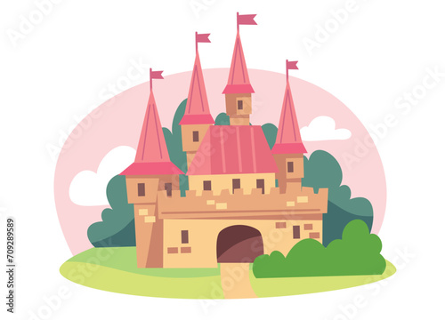 Vector illustration for children with fairy pink castle. Medieval fairytale magical magic fortress fort royal palace. © olgache