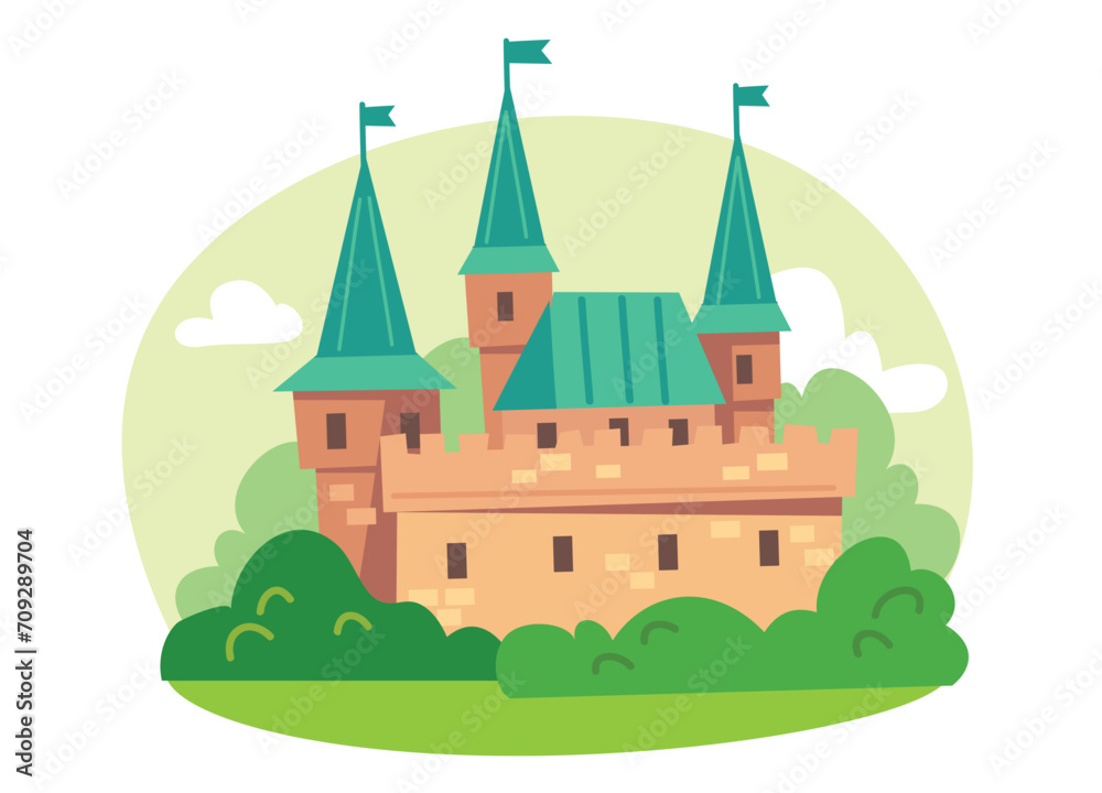 Fototapeta premium Vector illustration for children with fairy castle. Medieval fairytale magical magic fortress fort royal palace. Green roof.