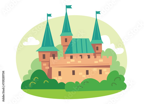 Vector illustration for children with fairy castle. Medieval fairytale magical magic fortress fort royal palace. Green roof. © olgache
