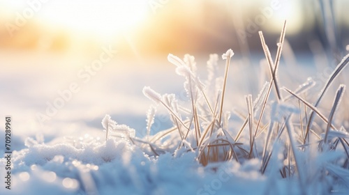 Winter season outdoors landscape, frozen plants in nature on the ground covered with ice and snow, under the morning sun - Seasonal background for Christmas wishes and greeting card © ABDUL FAROOQ