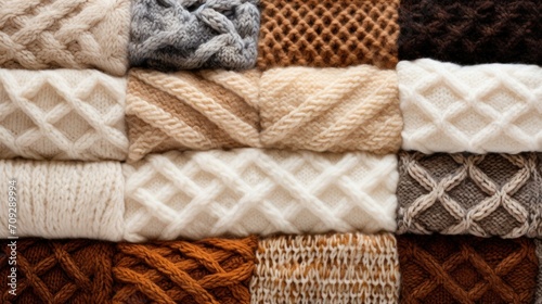 Assorted Knitted Wool Sweaters Close-Up patterns. A close-up view showcasing the texture and patterns of a variety of knitted wool sweaters in warm tones.