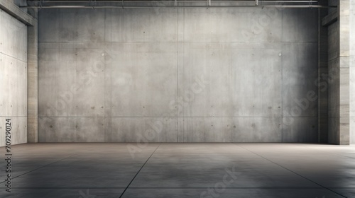 Spacious Modern Concrete Interior Architecture. Empty modern concrete interior, with a large wall and floor made of polished concrete, reflecting a minimalist architectural design.