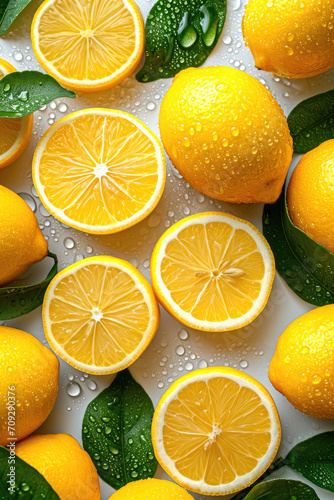 citrus fruit Lemons On White Backdrop With Water Drops