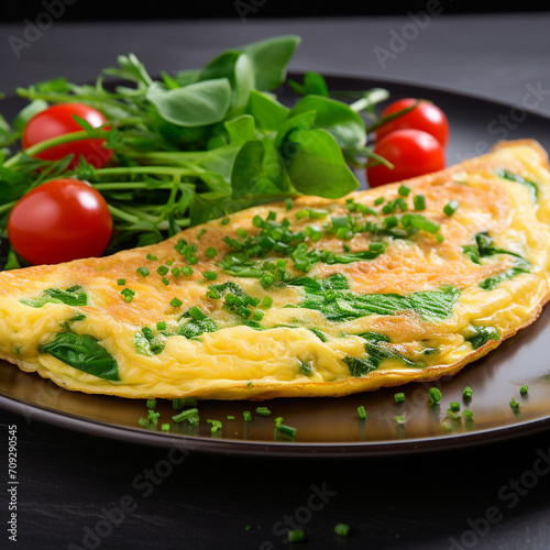 Fried omelet with greens. Neutral gray background. Close-up.