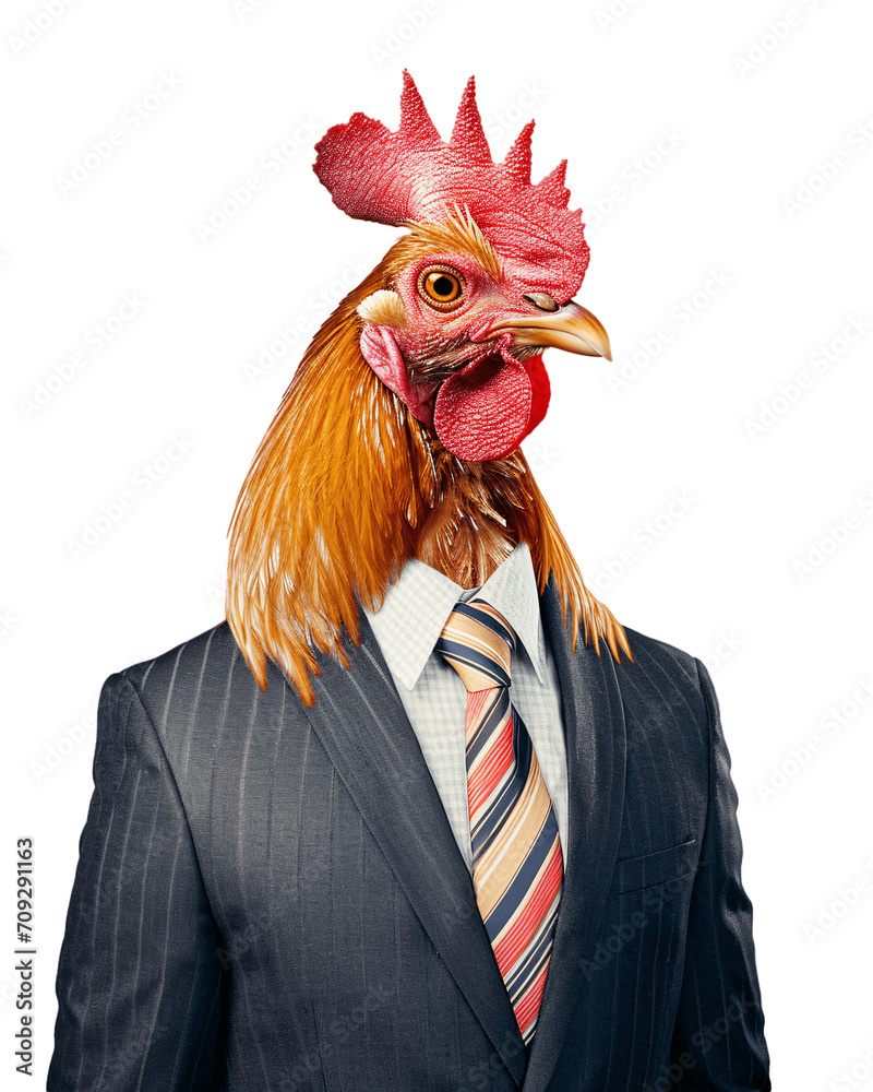 Rooster wearing suit and tie. Isolated on transparent background, no background, cutout.
