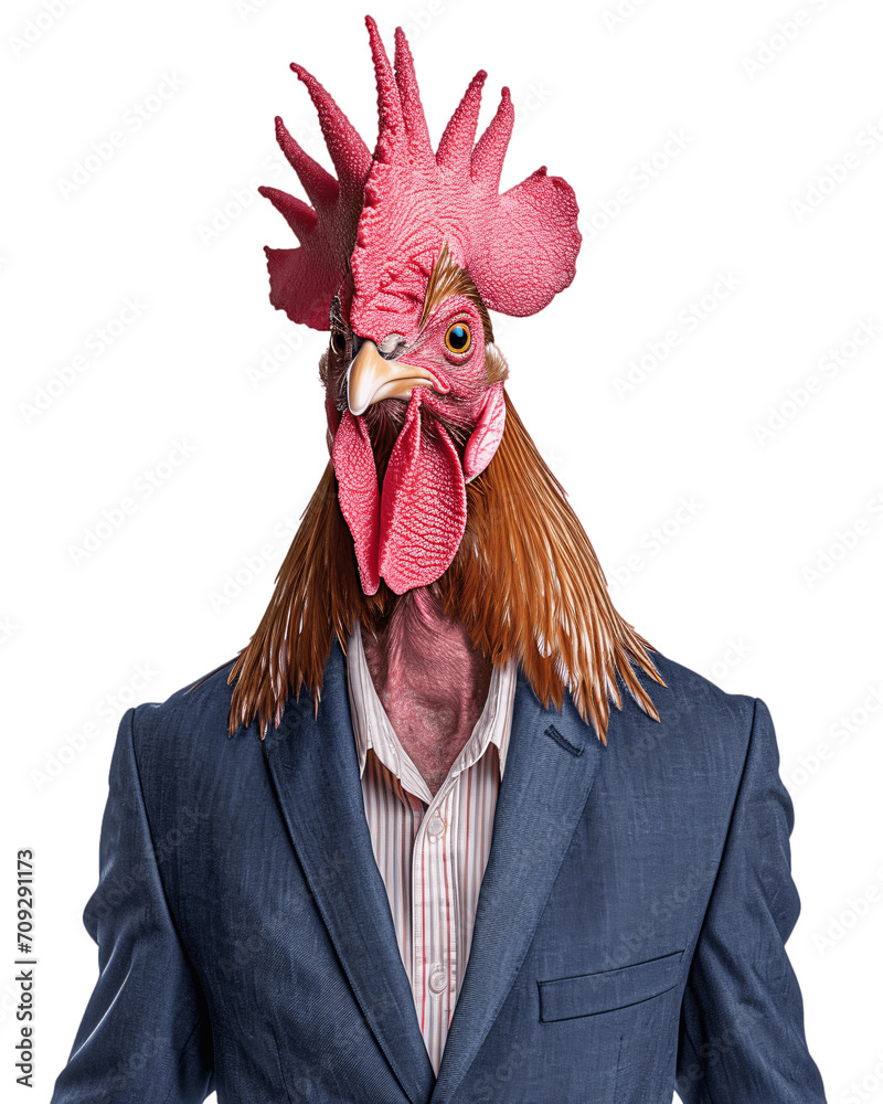 Rooster wearing suit and tie. Isolated on transparent background, no background, cutout.