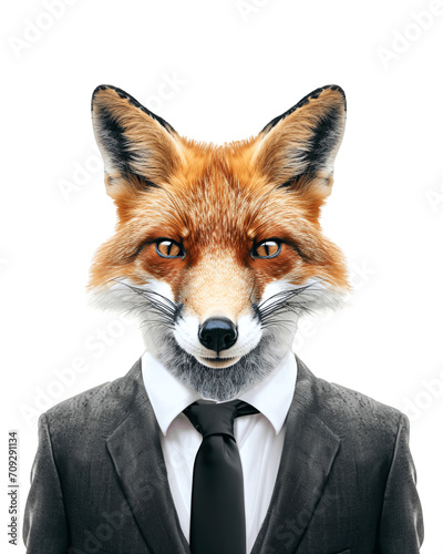 Fox wearing suit and tie. Isolated on transparent background, no background, cutout.