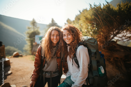 Two teenager girl friends at outdoor with mountaineer backpack