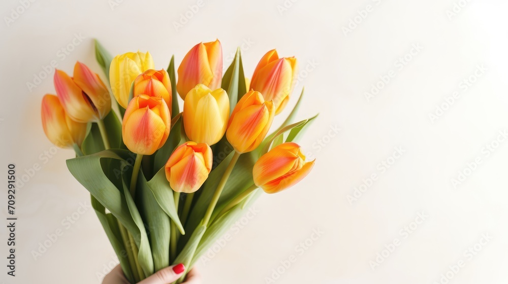 Women's hands holding a bouquet of orange or peach tulips for congratulations on Mother's Day, Valentine's Day, women's Day. Blurred background. Women's hands holding a bouquet of orange or peach tulips for congratulations on Mother's Day, Valentine's Day, women's Day. Blurred background.