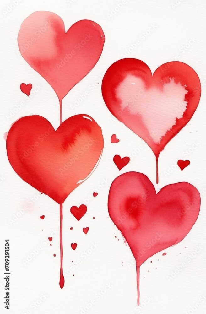 red hearts on a white background, watercolor, style, smudges, drawing, illustration, postcard, header