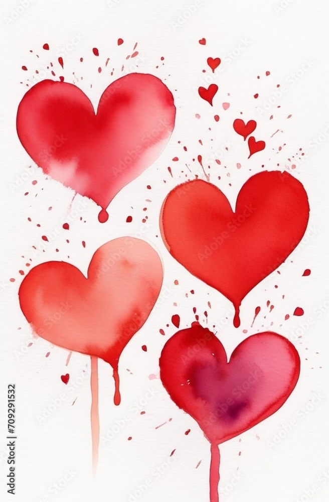red hearts on a white background, watercolor, style, smudges, drawing, illustration, postcard, header