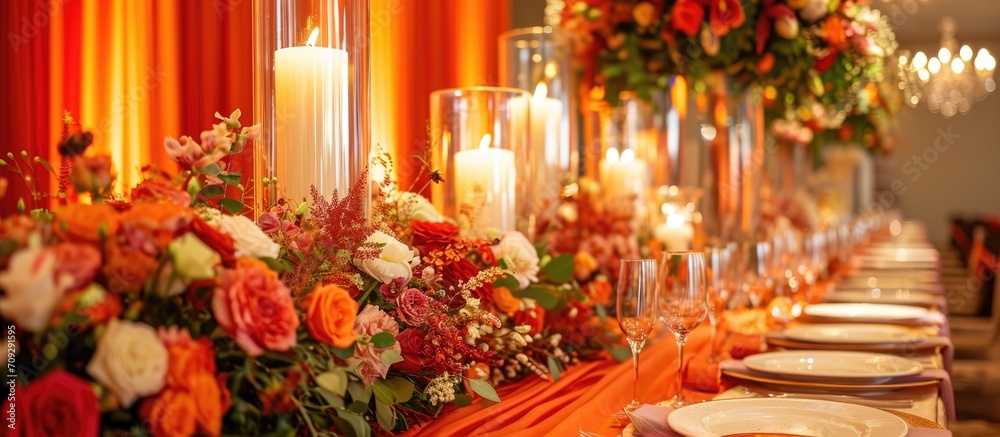 Opulent red-orange table decor with tall glass candle holders and cases, floral bouquets, white plates, and orange silk cloth.