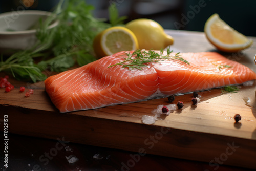 Raw Salmon at indoors in a kitchen