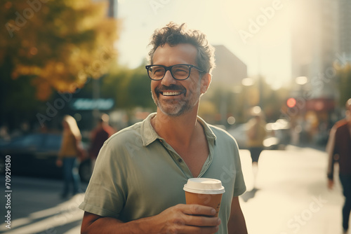 Middle aged man in the middle of the city holding a take away coffee